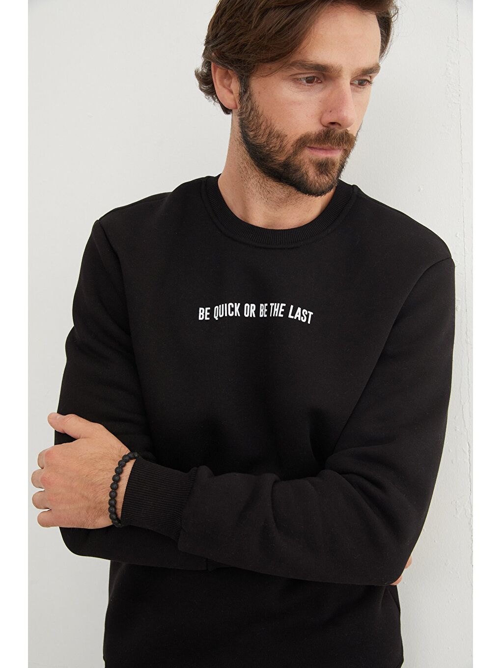 Siyah 3 İplik Yazı Baskılı Bisiklet Yaka Büyük Beden Sweatshirt-3