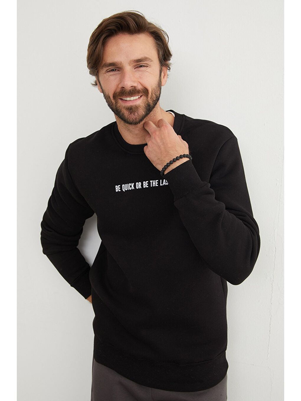 Siyah 3 İplik Yazı Baskılı Bisiklet Yaka Büyük Beden Sweatshirt-4