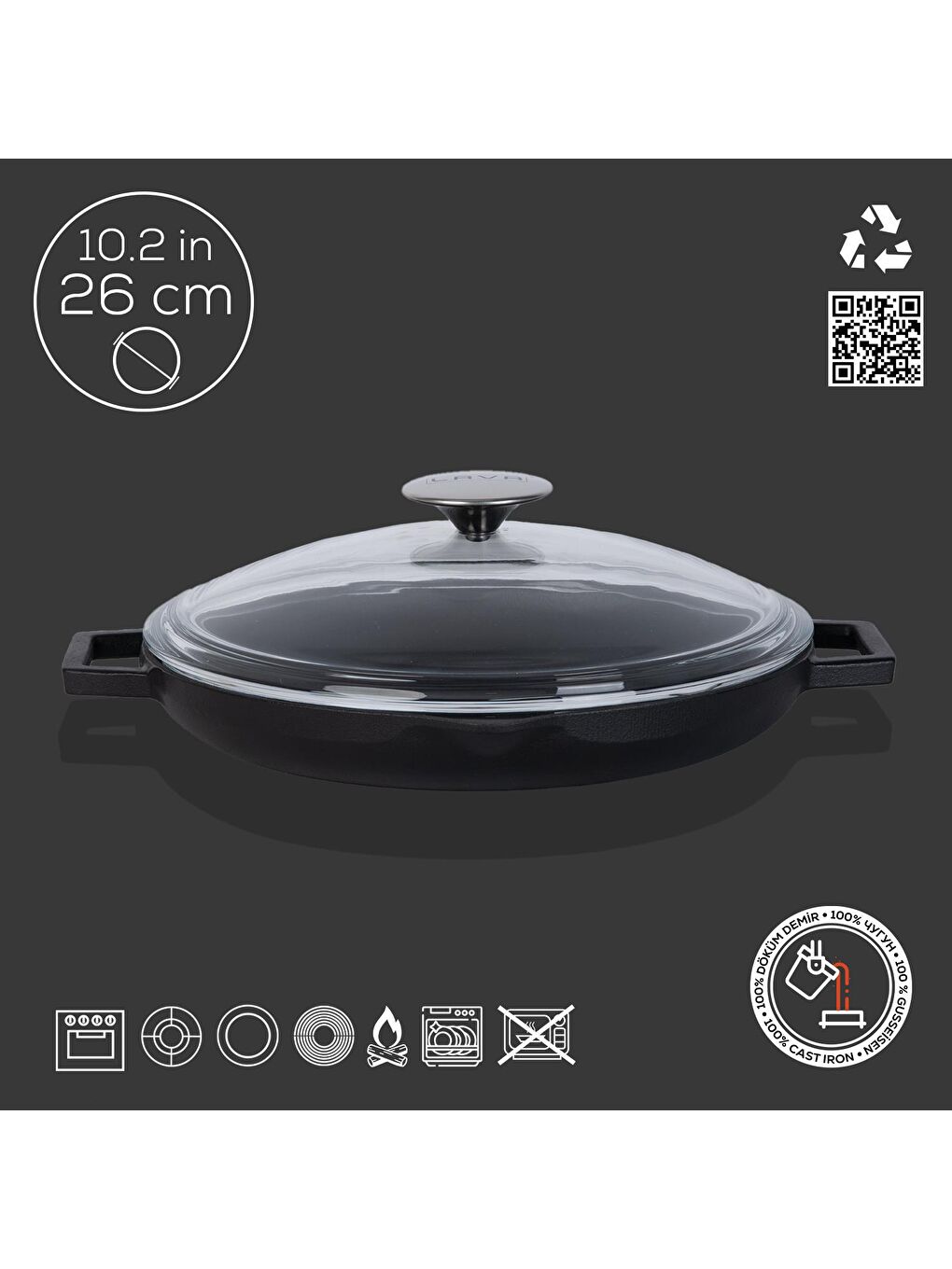 Siyah Yuvarlak Kızartma Tavası Cam Kapaklı Döküm Demir Yekpare Çift Kulplu Çap(Ø)26cm.-1
