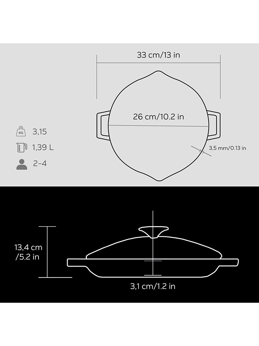 Siyah Yuvarlak Kızartma Tavası Cam Kapaklı Döküm Demir Yekpare Çift Kulplu Çap(Ø)26cm.-2