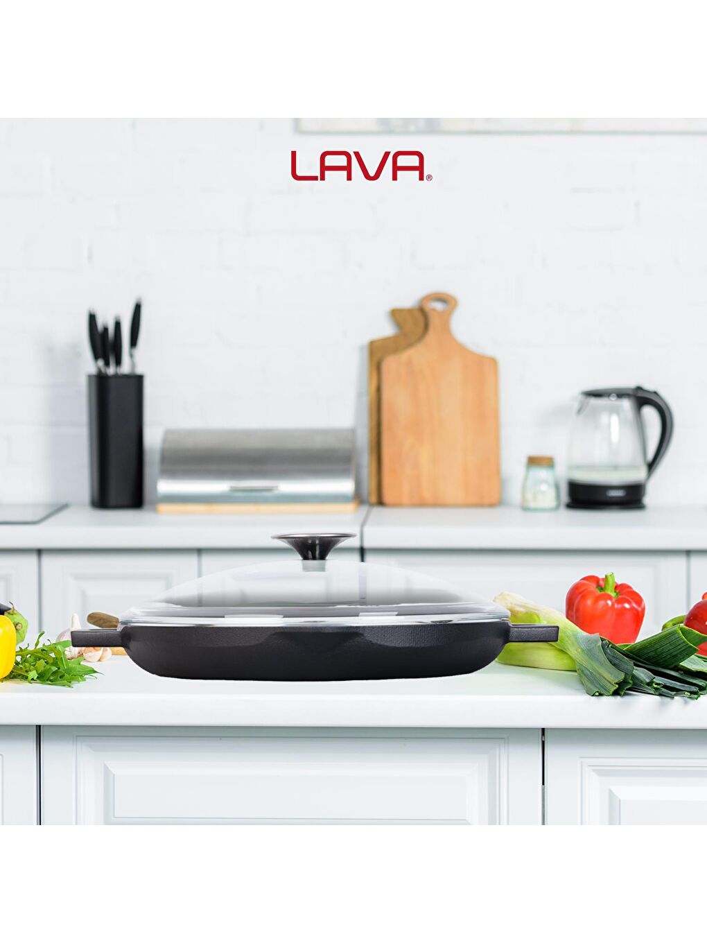 Siyah Yuvarlak Kızartma Tavası Cam Kapaklı Döküm Demir Yekpare Çift Kulplu Çap(Ø)26cm.-4