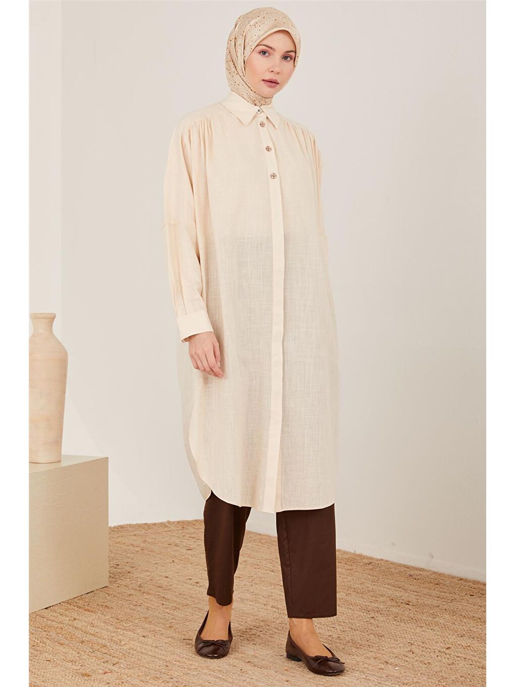 Ekru Naturel Kumaştan Tunik 23Y4432