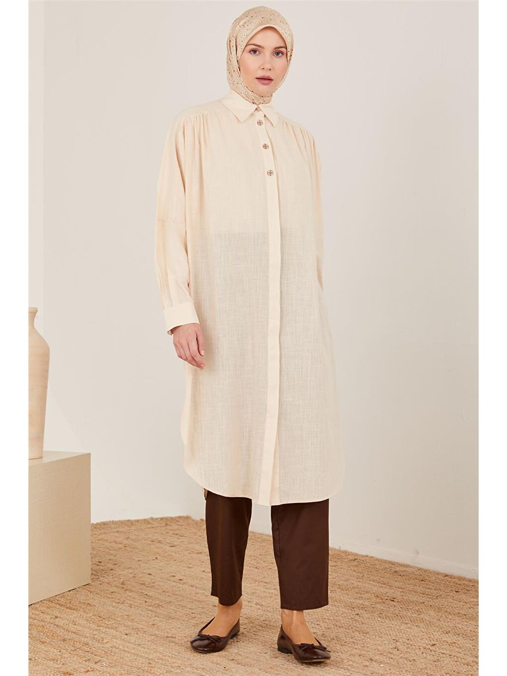 Ekru Naturel Kumaştan Tunik 23Y4432-1