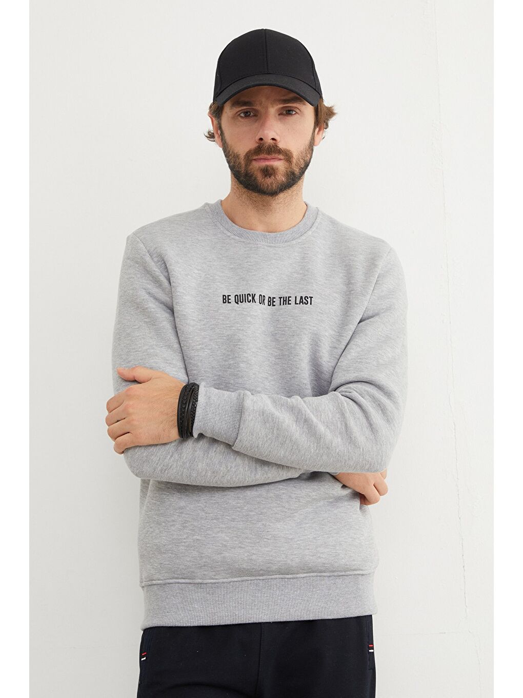 Gri 3 İplik Yazı Baskılı Bisiklet Yaka Büyük Beden Sweatshirt