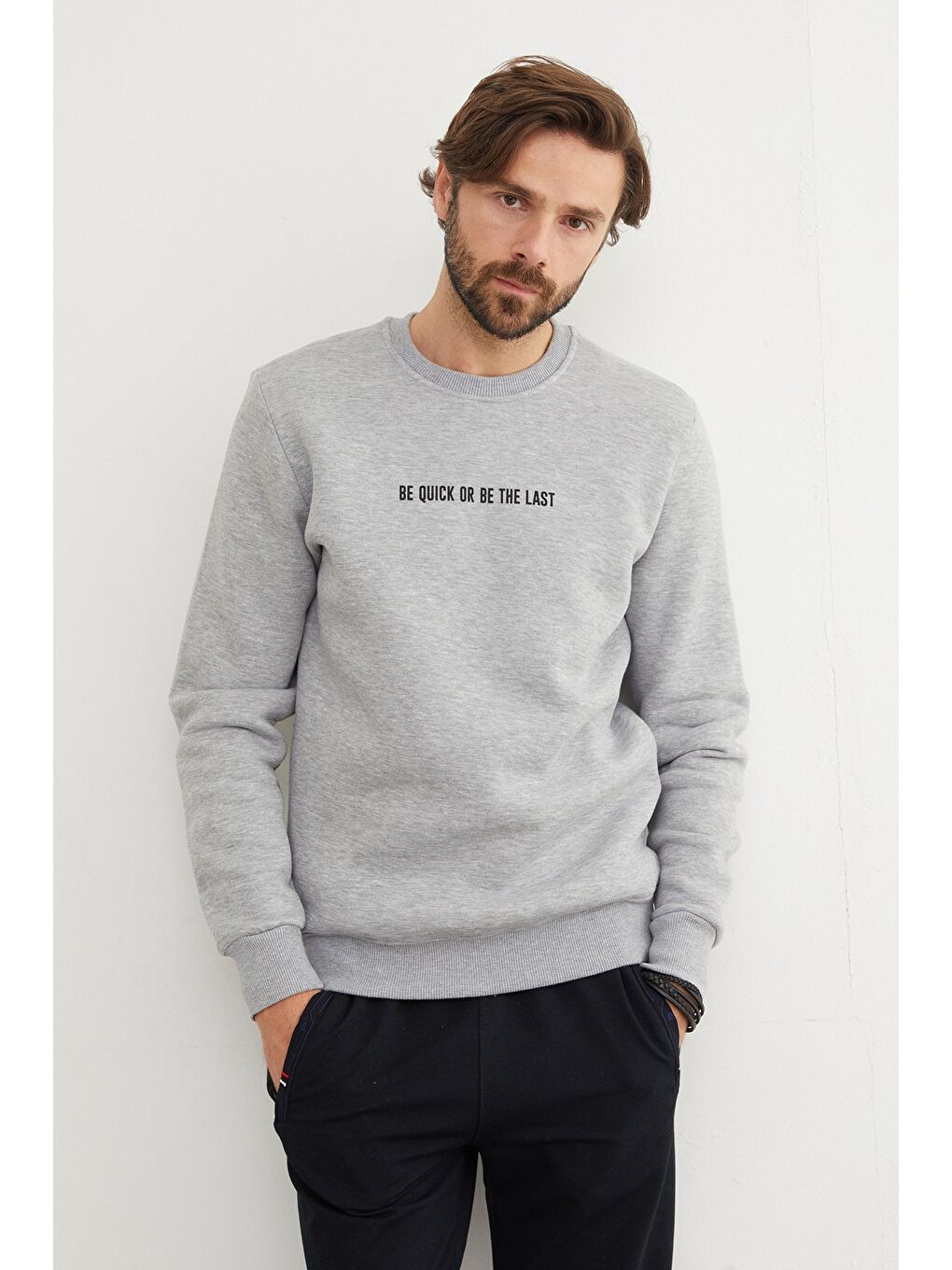 Gri 3 İplik Yazı Baskılı Bisiklet Yaka Büyük Beden Sweatshirt-3