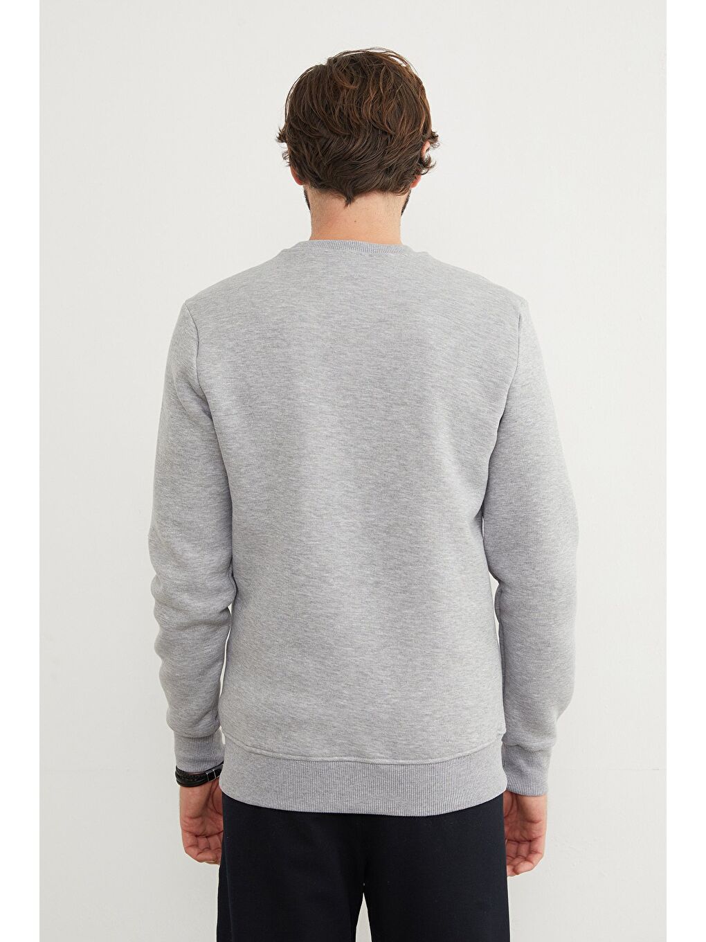 Gri 3 İplik Yazı Baskılı Bisiklet Yaka Büyük Beden Sweatshirt-4