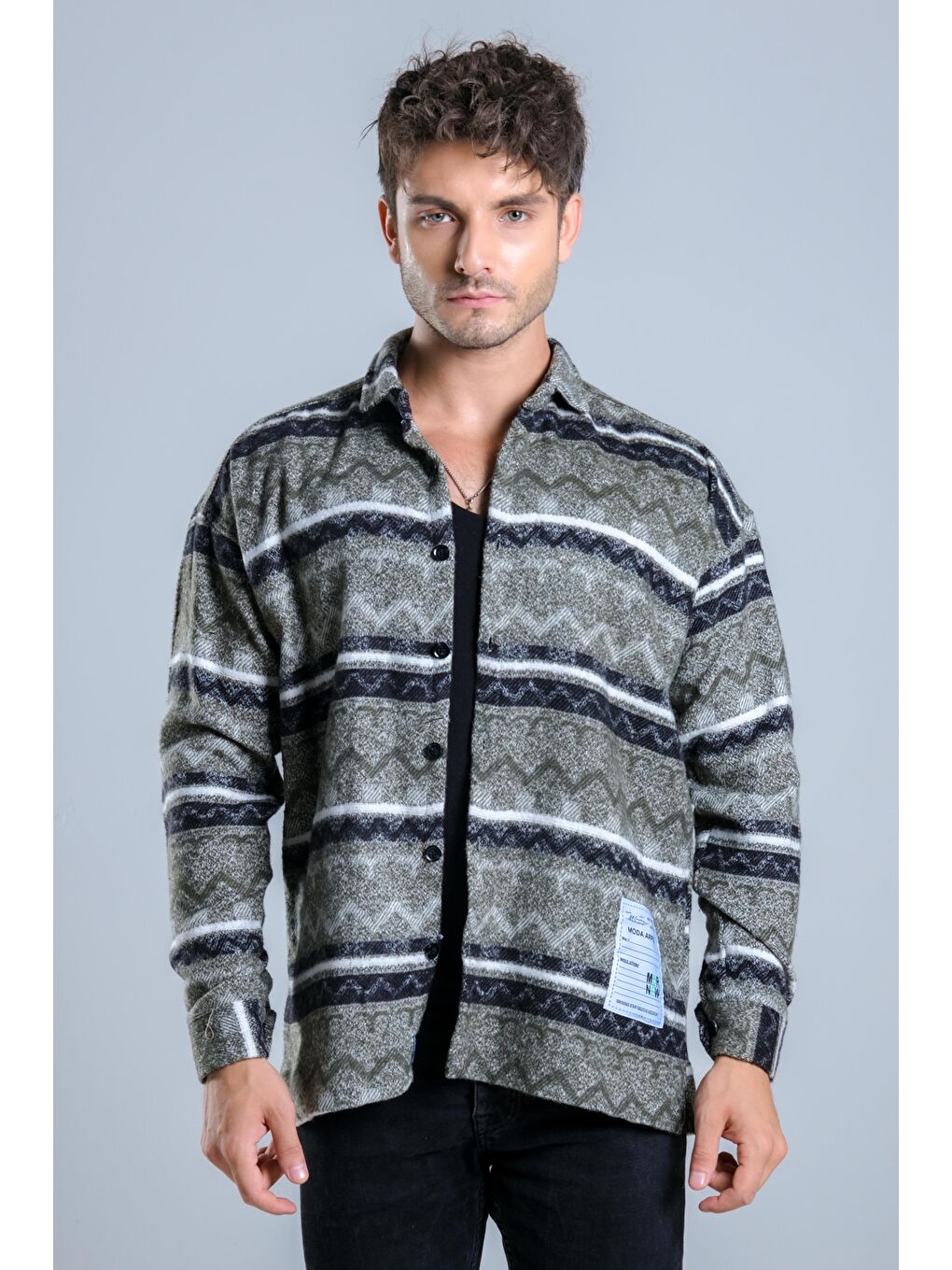Haki Oversize Desenli Kışlık Erkek Gömlek MAR Over20
