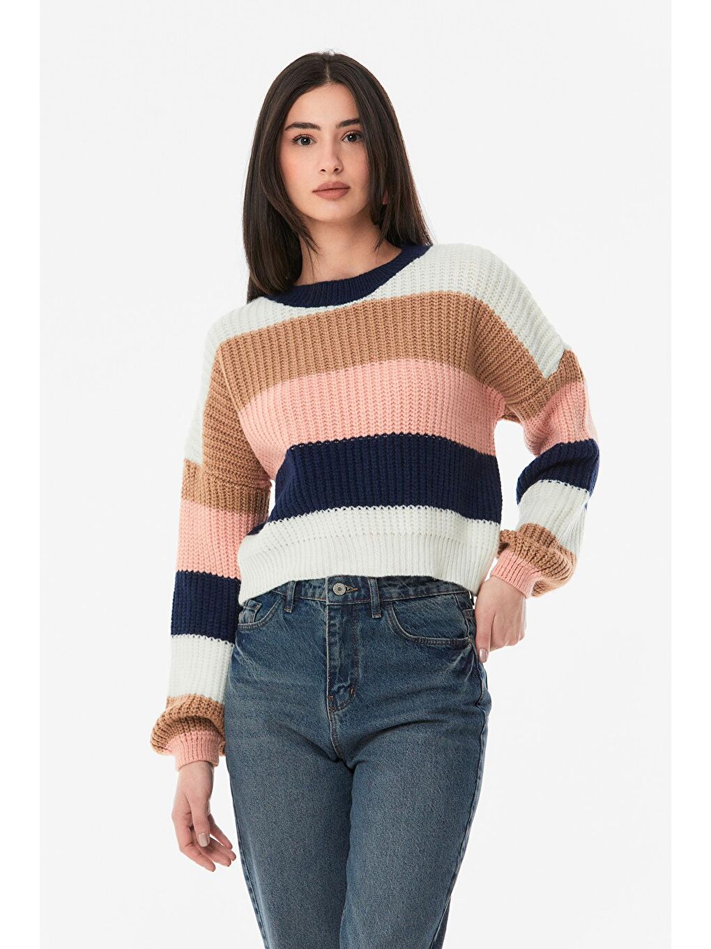 Pembe Çizgili Bisiklet Yaka Triko Kazak