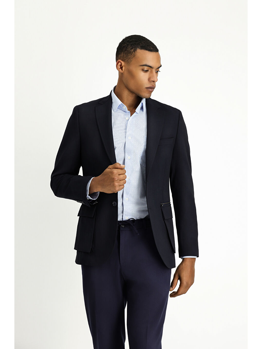 Lacivert Slim Fit Dar Kesim Klasik Fermuar Cepli Ceket-2