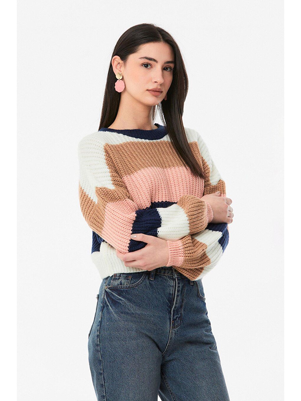 Pembe Çizgili Bisiklet Yaka Triko Kazak-2