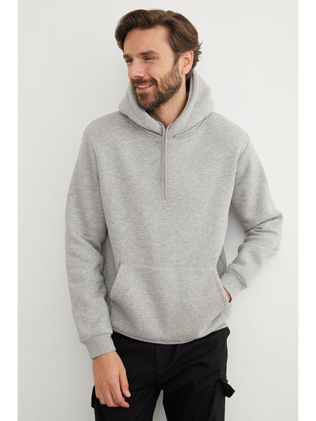 Gri 3 İplik Kanguru Cepli Sweatshirt-2