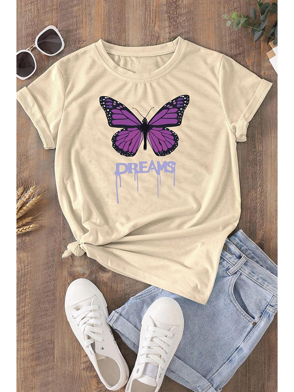 uyguntarz Bej Unisex Dream Butterfly Tasarım Tshirt