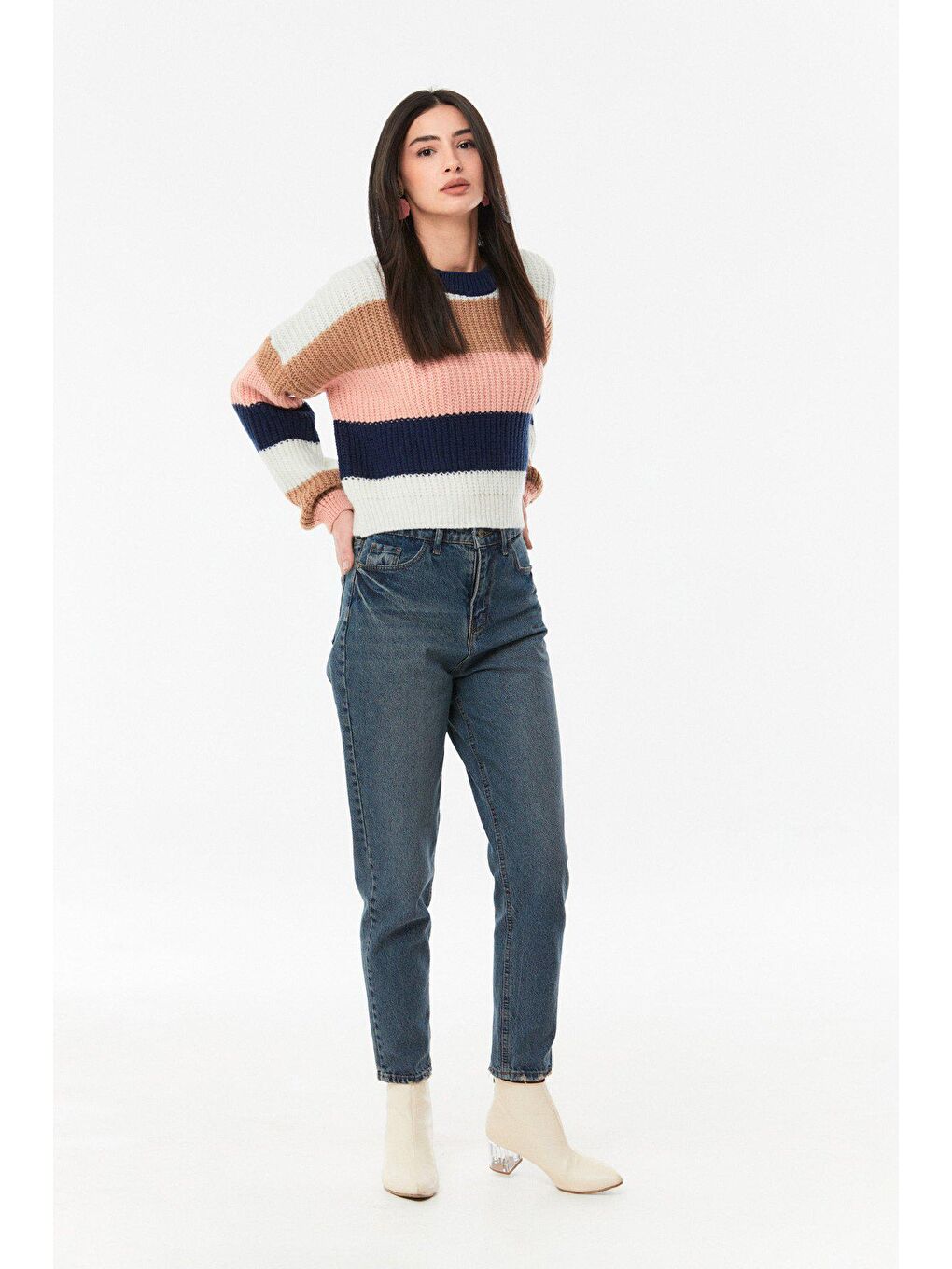 Pembe Çizgili Bisiklet Yaka Triko Kazak-3