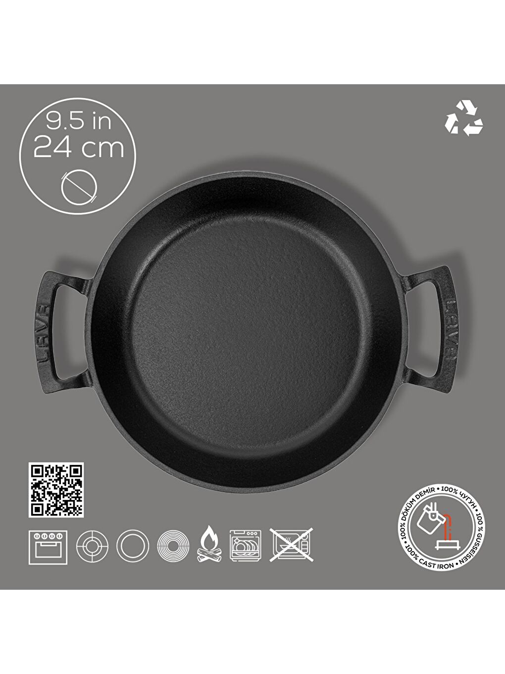 Siyah Yuvarlak Sahan Döküm Demir Yekpare Çift Kulplu Çap(Ø)24cm.-3