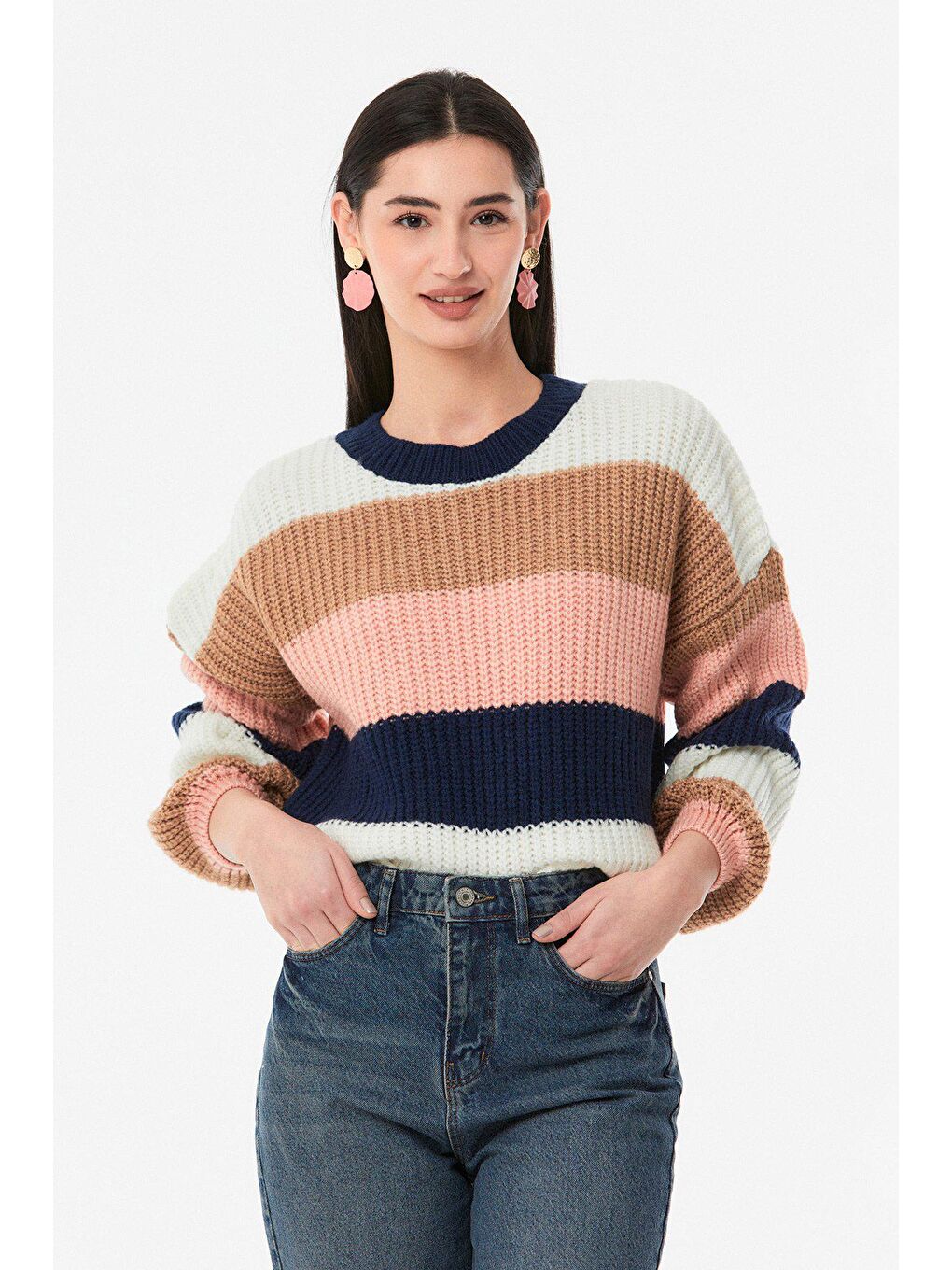 Pembe Çizgili Bisiklet Yaka Triko Kazak-4