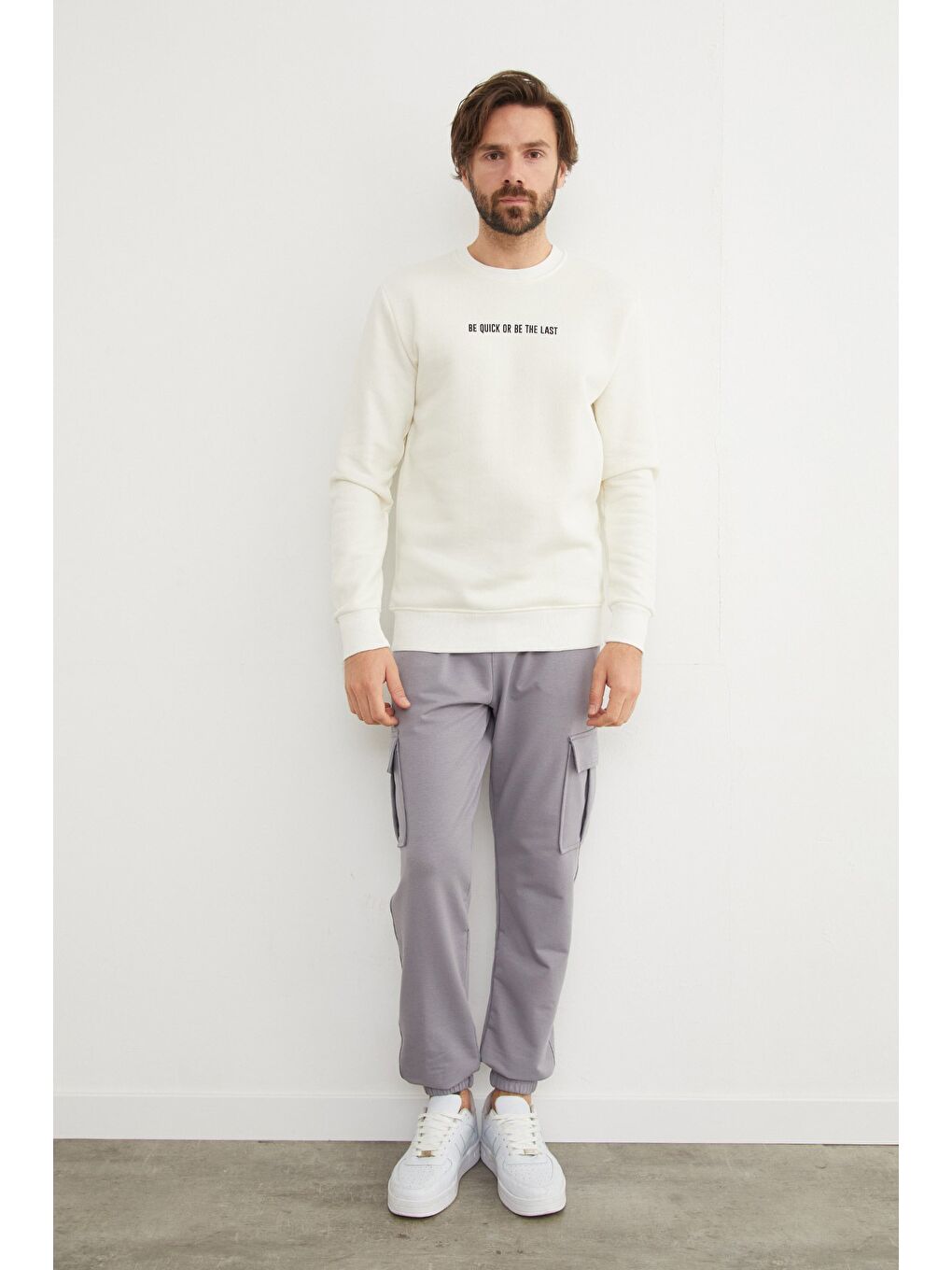 Ekru 3 İplik Yazı Baskılı Bisiklet Yaka Büyük Beden Sweatshirt-2