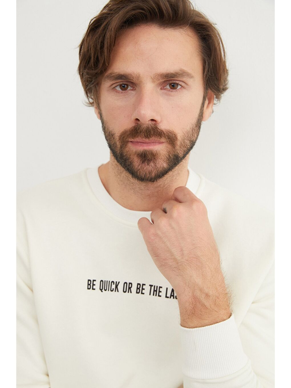 Ekru 3 İplik Yazı Baskılı Bisiklet Yaka Büyük Beden Sweatshirt-3