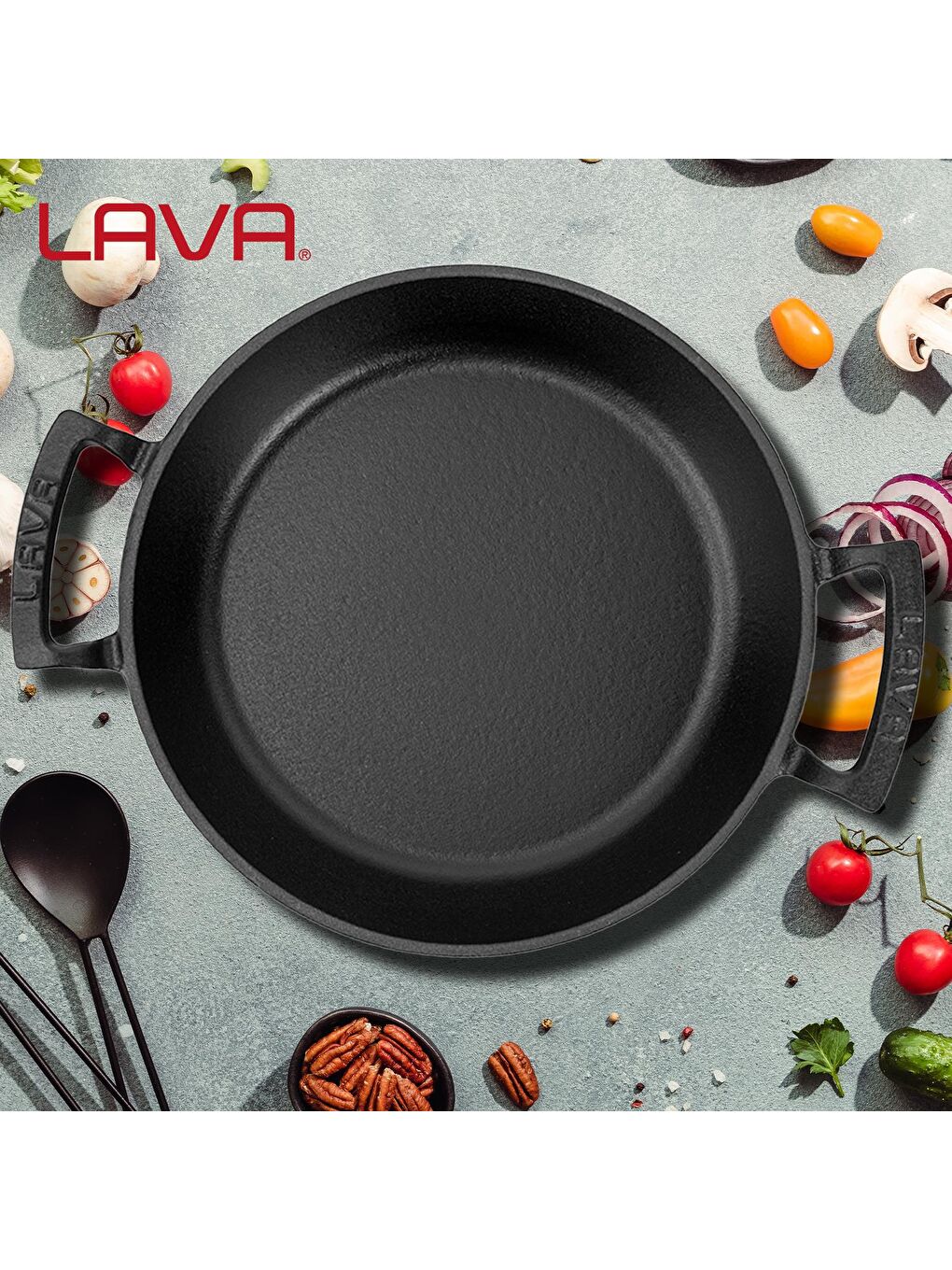 Siyah Yuvarlak Sahan Döküm Demir Yekpare Çift Kulplu Çap(Ø)24cm.-6