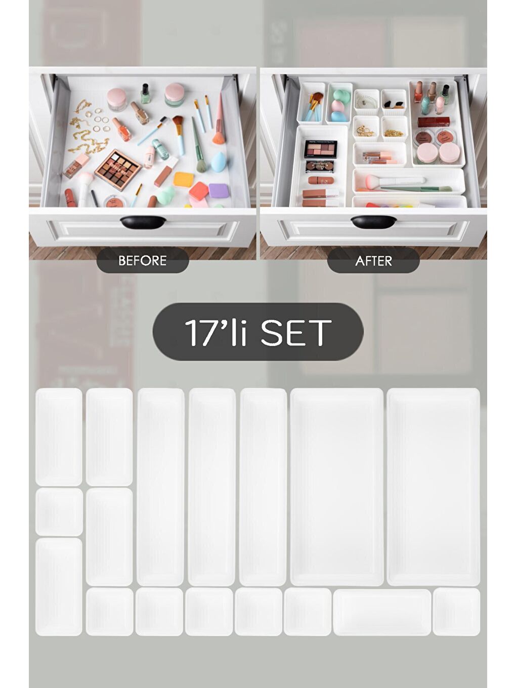 17 Parça Çekmece İçi Düzenleyici - Kozmetik Makyaj Organizer Beyaz