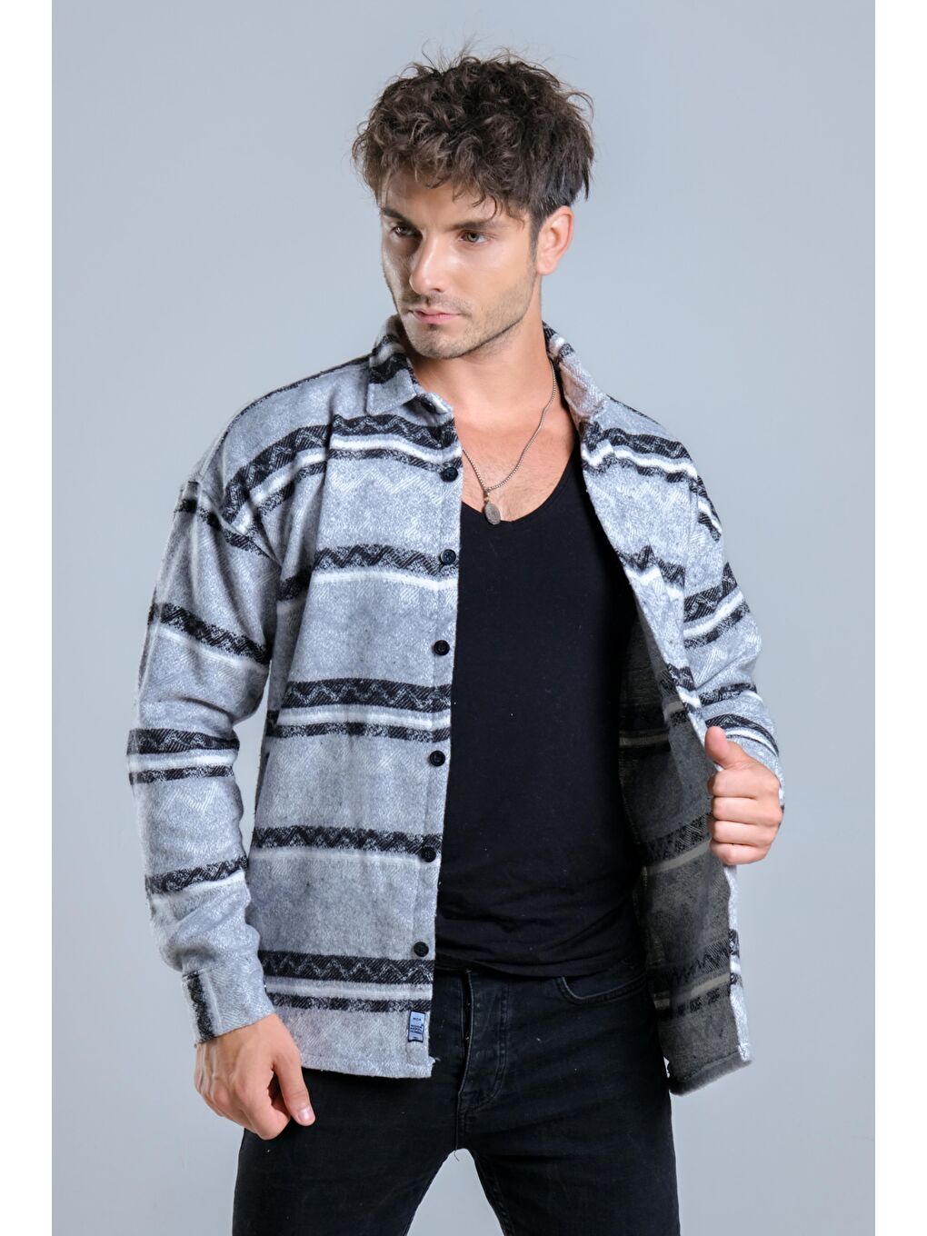 Gri Oversize Desenli Kışlık Erkek Gömlek MAR Over20