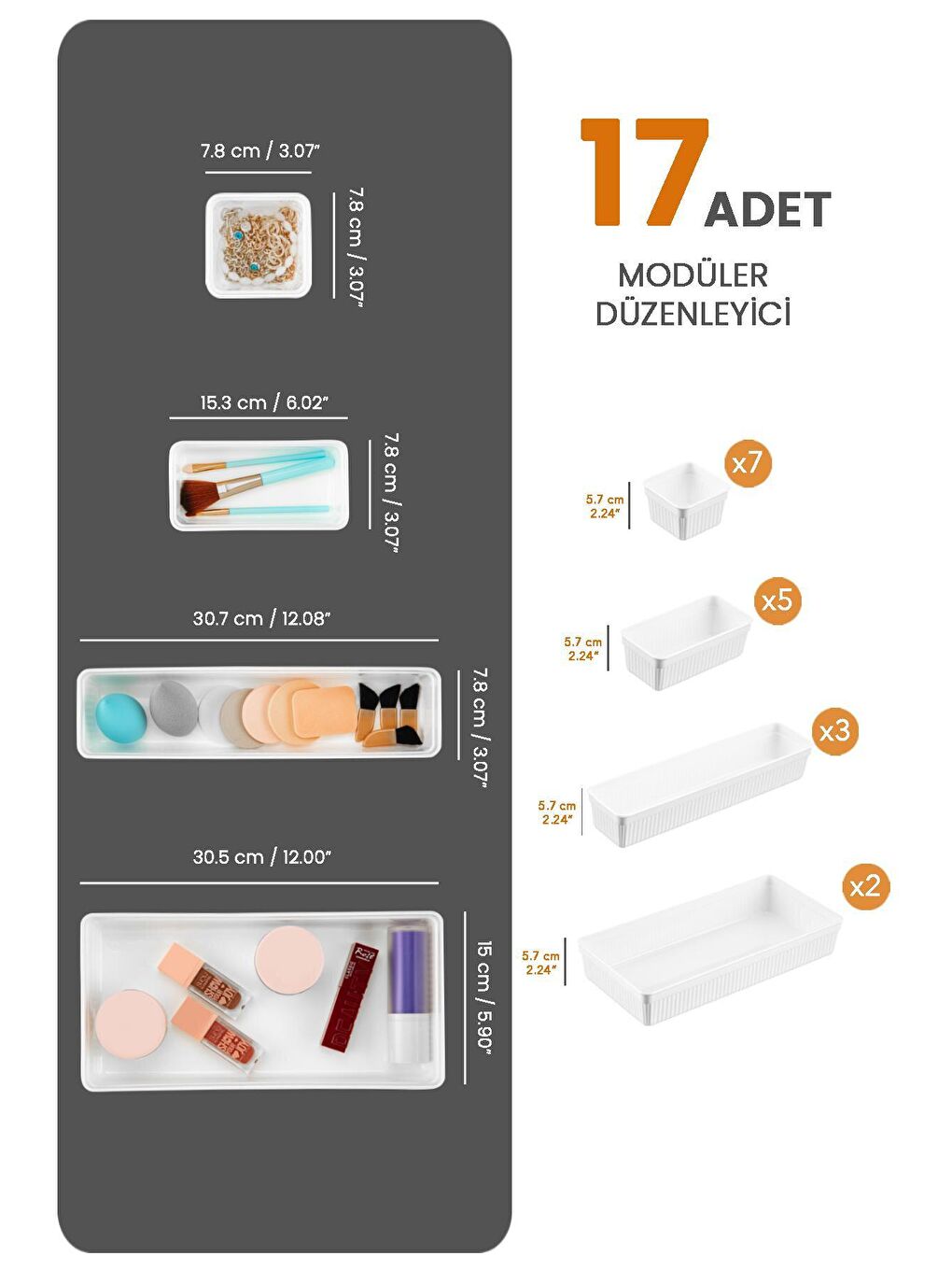 17 Parça Çekmece İçi Düzenleyici - Kozmetik Makyaj Organizer Beyaz-1