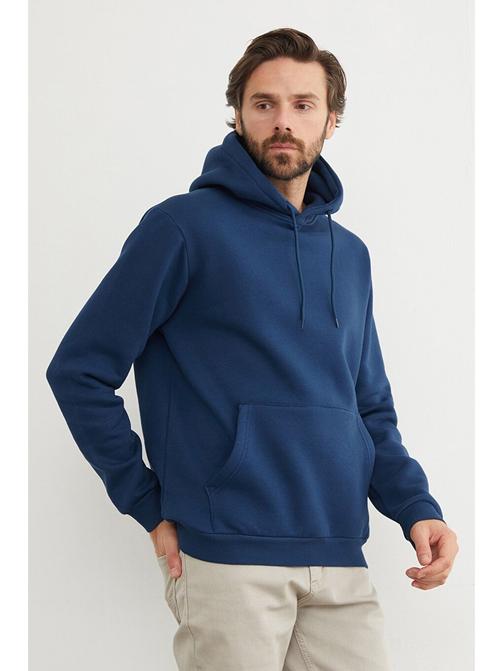 İndigo 3 İplik Kanguru Cepli Sweatshirt