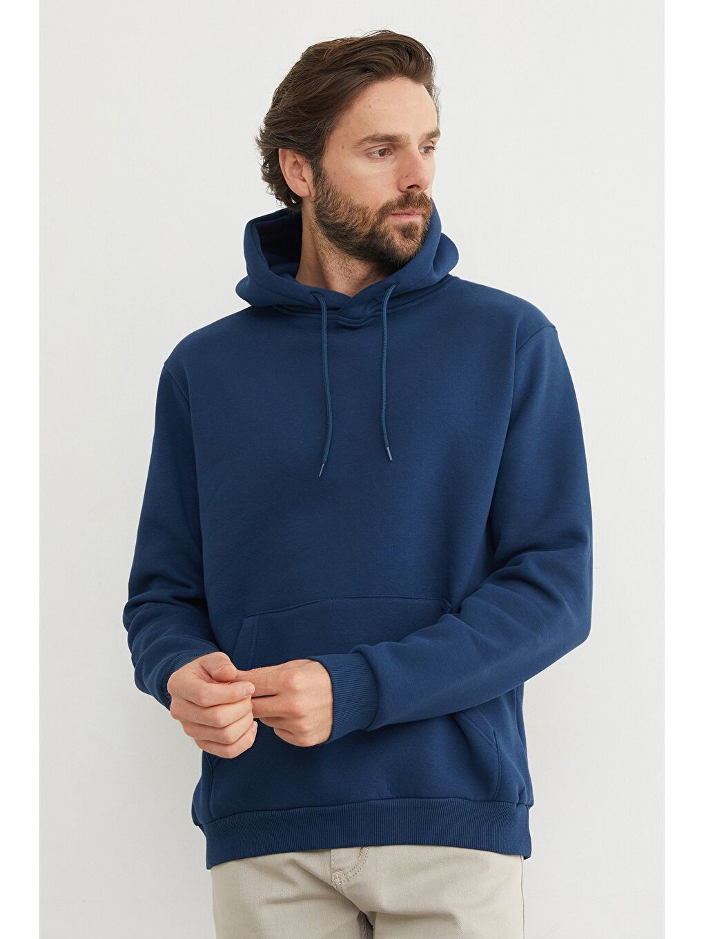 İndigo 3 İplik Kanguru Cepli Sweatshirt-1