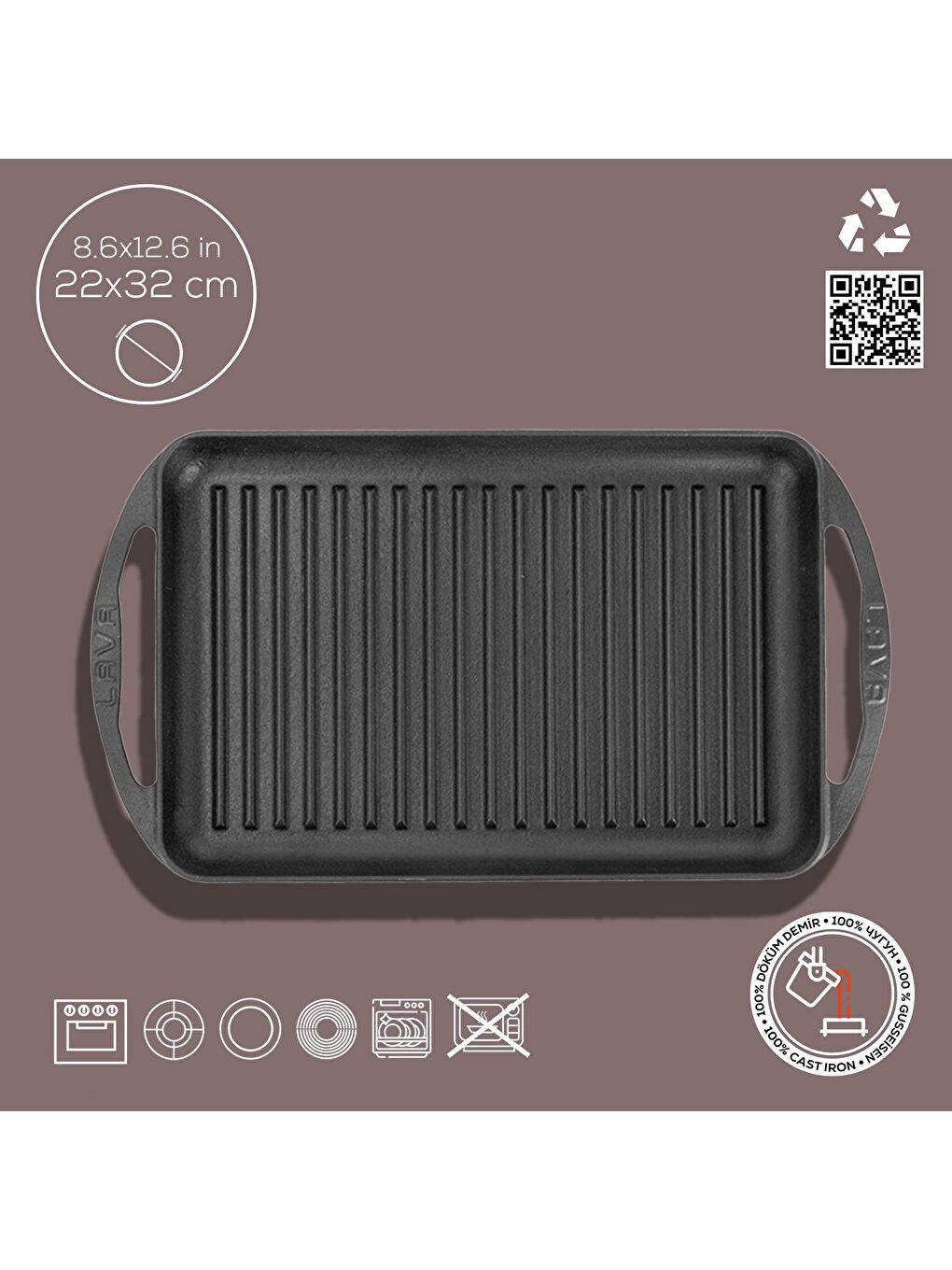 Siyah Dikdörtgen Izgara Tavası Döküm Demir Yekpare Kulplu Ölçü 22x32cm.-3