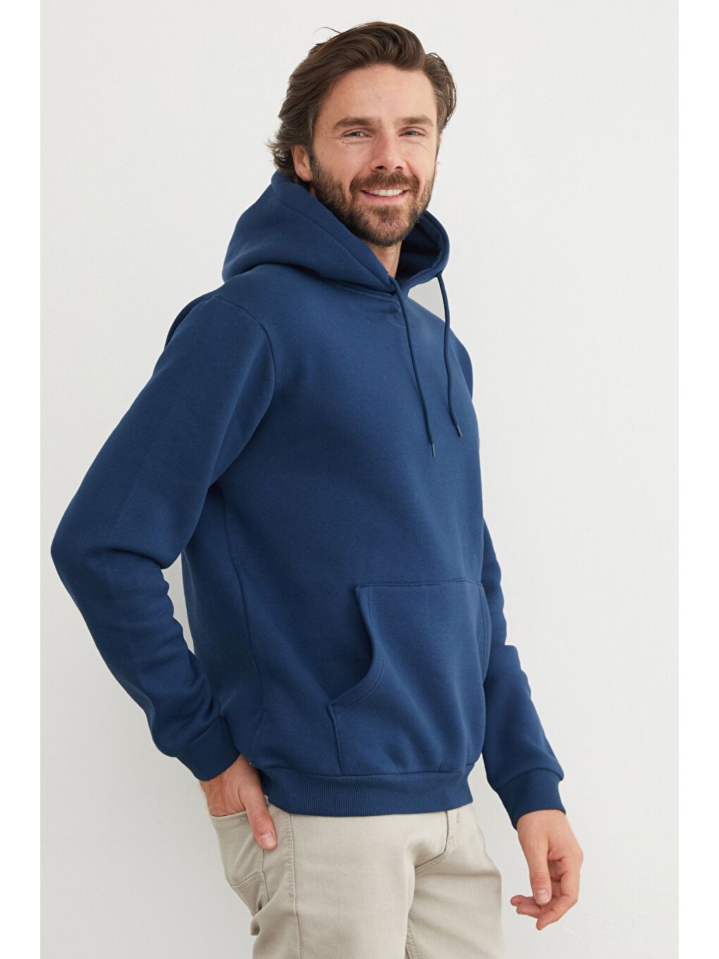 İndigo 3 İplik Kanguru Cepli Sweatshirt-4