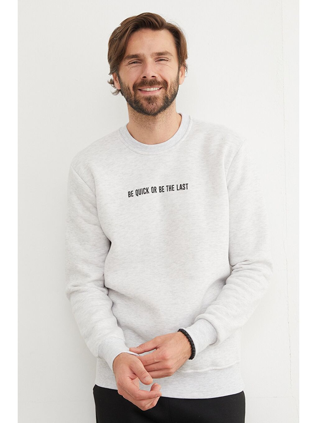 Gri 3 İplik Yazı Baskılı Bisiklet Yaka Büyük Beden Sweatshirt