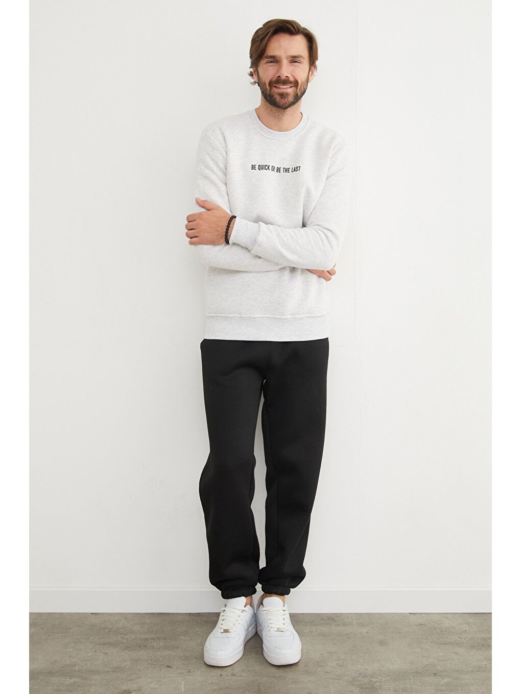 Gri 3 İplik Yazı Baskılı Bisiklet Yaka Büyük Beden Sweatshirt-1