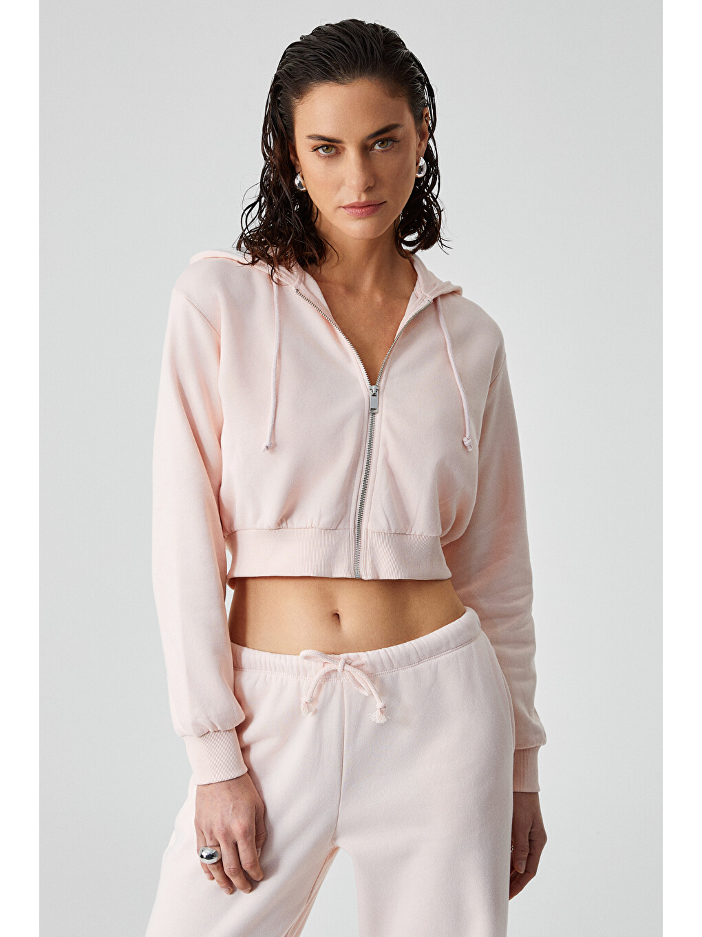 Aruba Kadın %100 Pamuk Uzun Kol Crop Pembe Sweatshirt
