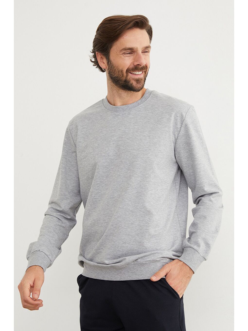 Gri Basic Bisiklet Yaka Sweatshirt-4