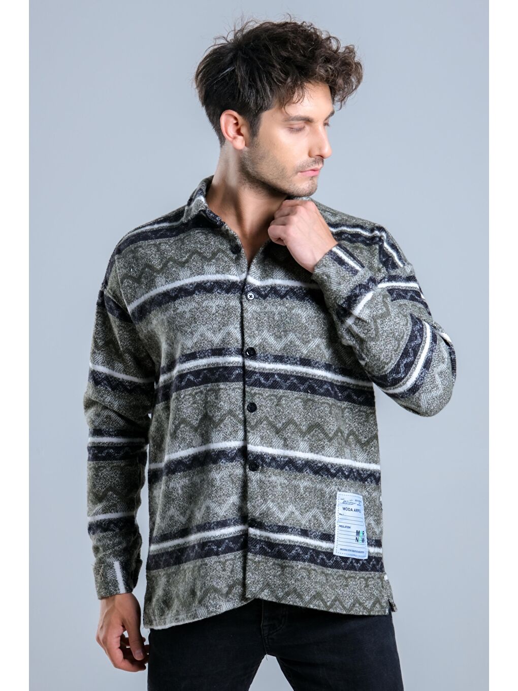 Haki Oversize Desenli Kışlık Erkek Gömlek MAR Over20-4