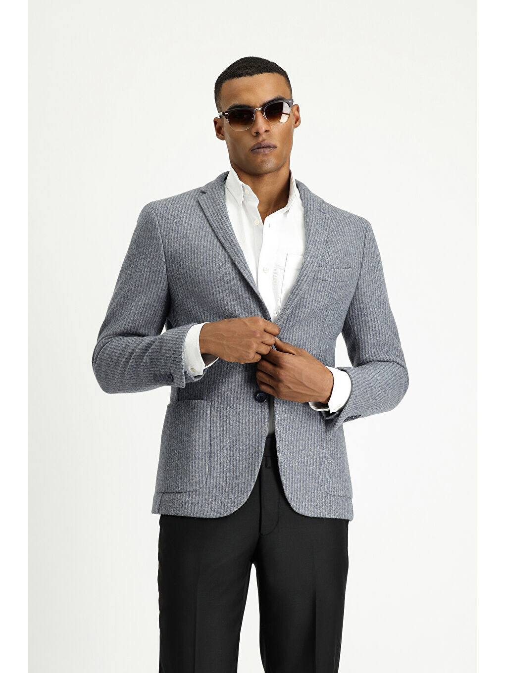 İndigo Super Slim Fit Ekstra Dar Kesim Yünlü Çizgili Spor Örme Ceket