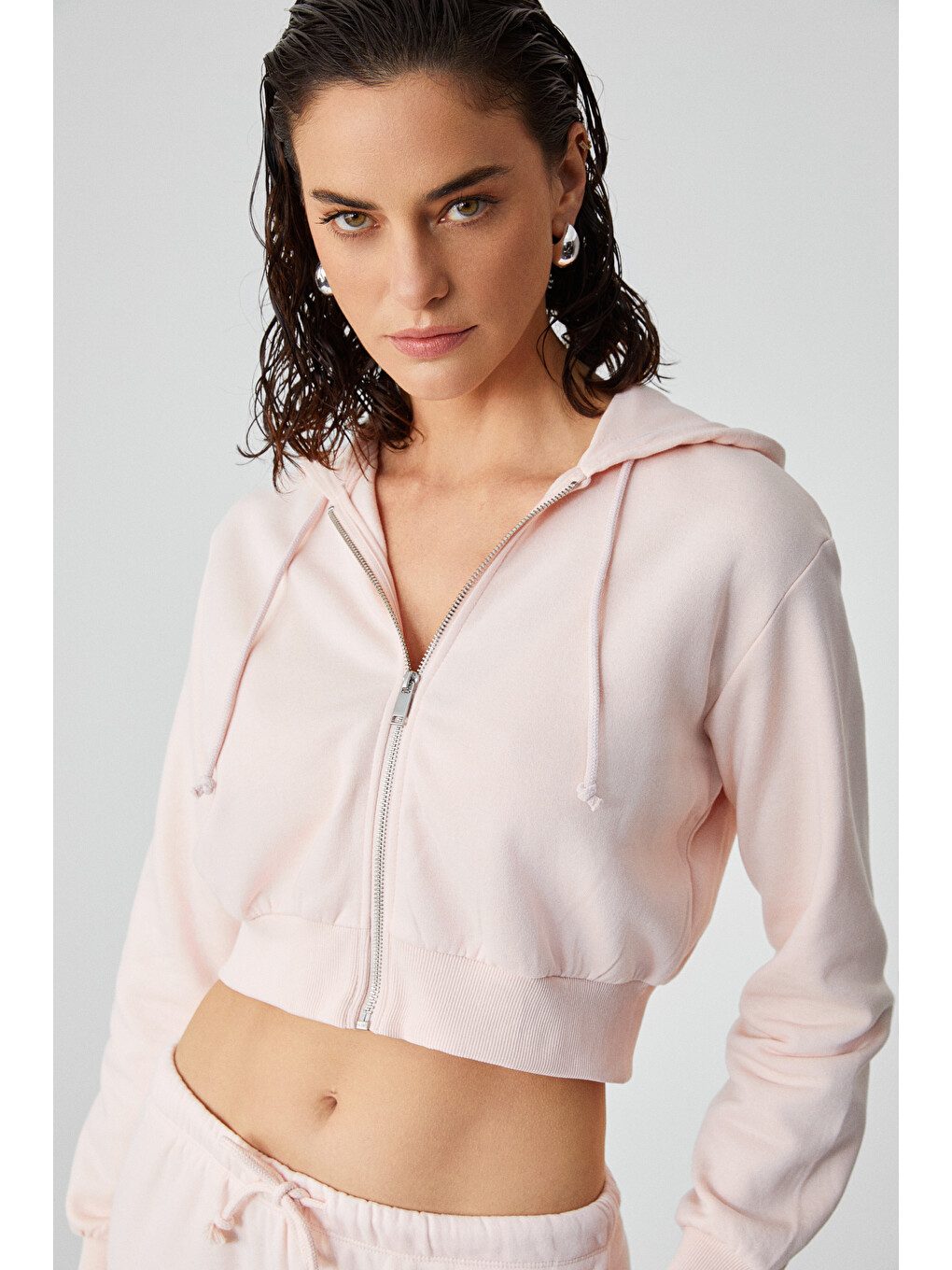 Aruba Kadın %100 Pamuk Uzun Kol Crop Pembe Sweatshirt-1