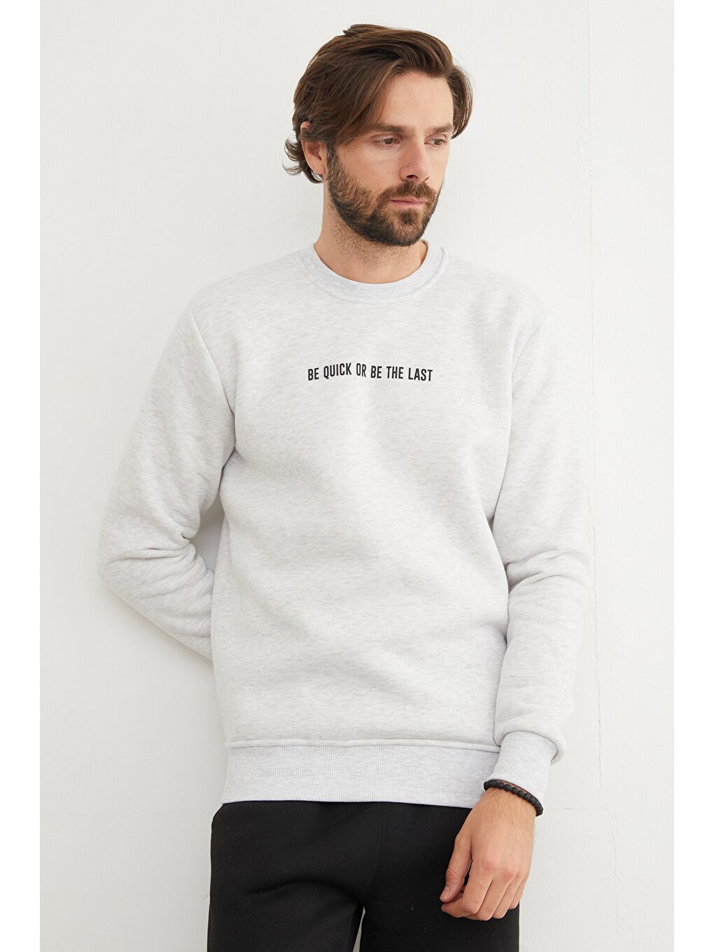 Gri 3 İplik Yazı Baskılı Bisiklet Yaka Büyük Beden Sweatshirt-4