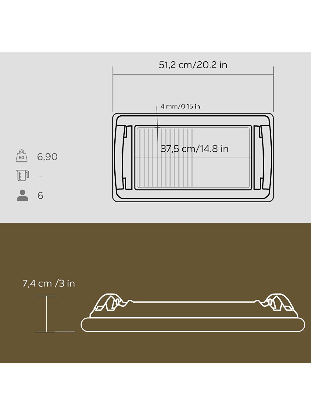 LAVA Siyah Dikdörtgen Hibrit Izgara Hot Plate Paslanmaz Metal Çift Kulplu Kayın Servis Ahşabı Ölçü 48x26cm. - 2