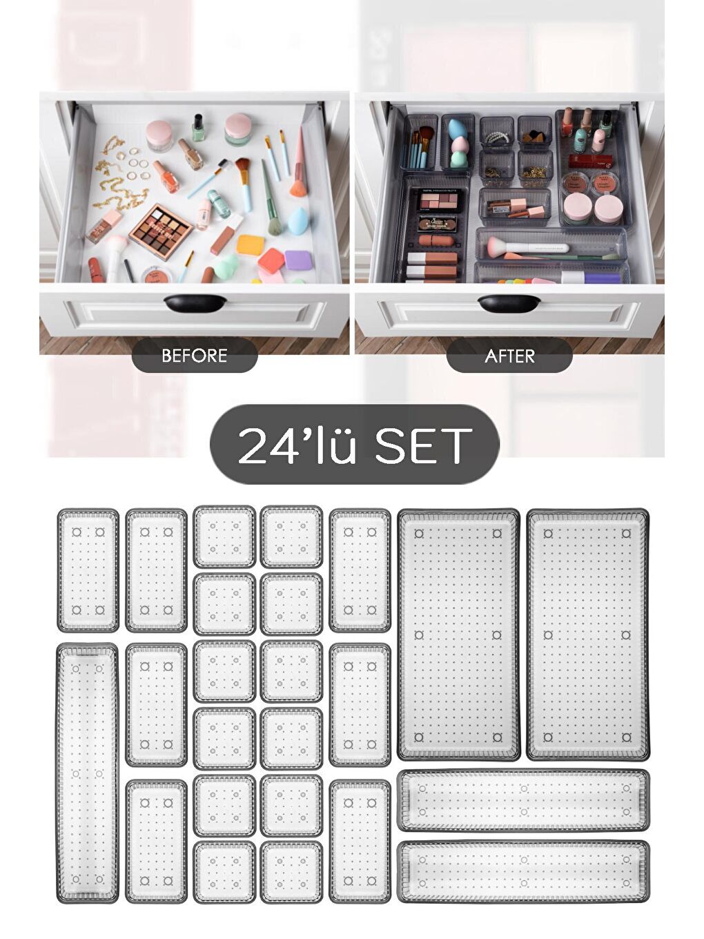 24'lü Multi Set - Çekmece İçi Düzenleyici - Banyo Makyaj ve Takı Organizer Siyah