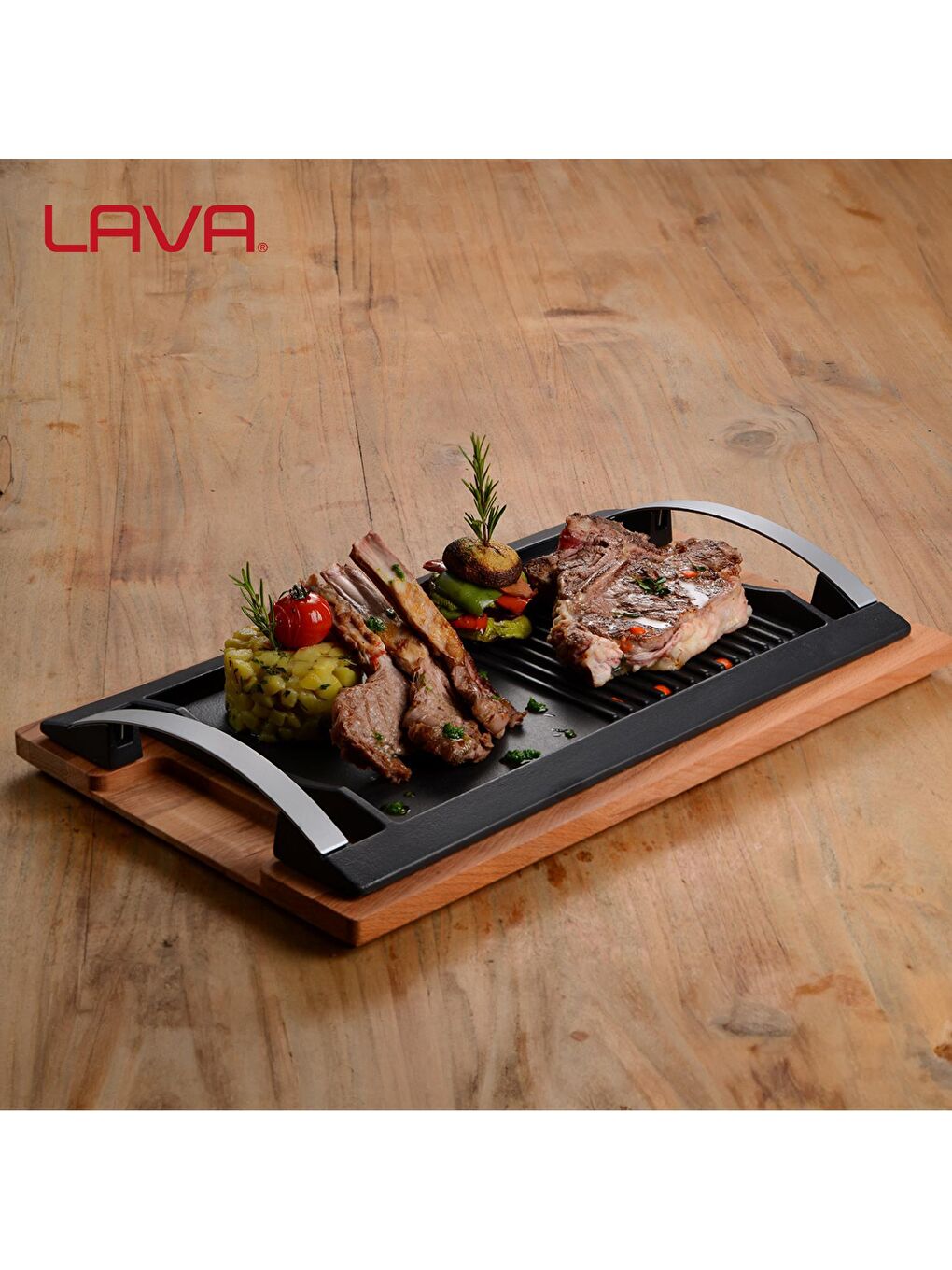 LAVA Siyah Dikdörtgen Hibrit Izgara Hot Plate Paslanmaz Metal Çift Kulplu Kayın Servis Ahşabı Ölçü 48x26cm. - 4