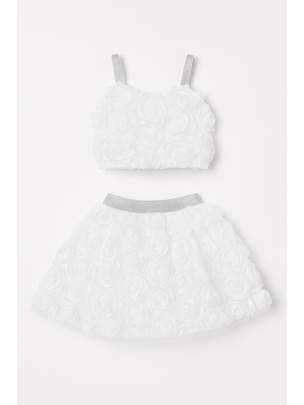 Kız Çocuk Beyaz 3D Çiçekli Detaylı Etekli Takım-2