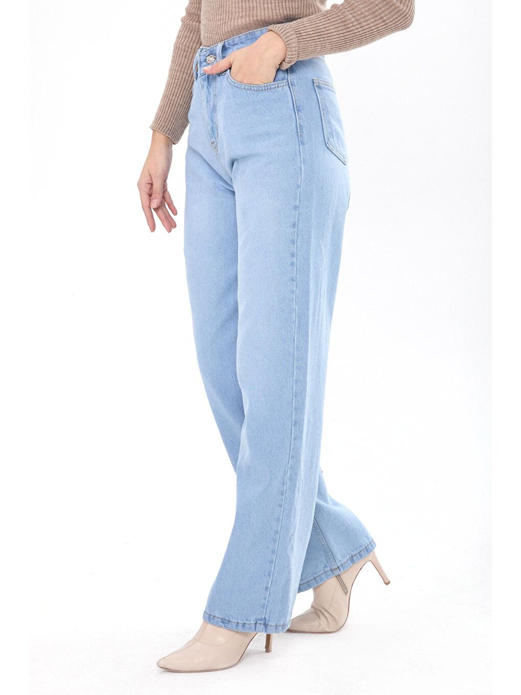 TOFİSA Mavi Düz Orta Kadın Mavi Wide Leg Yüksek Bel Jean Pantolon - 23664 - 2