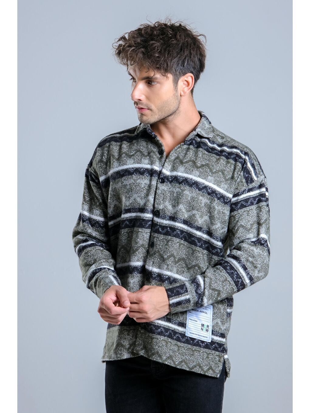 Haki Oversize Desenli Kışlık Erkek Gömlek MAR Over20-5