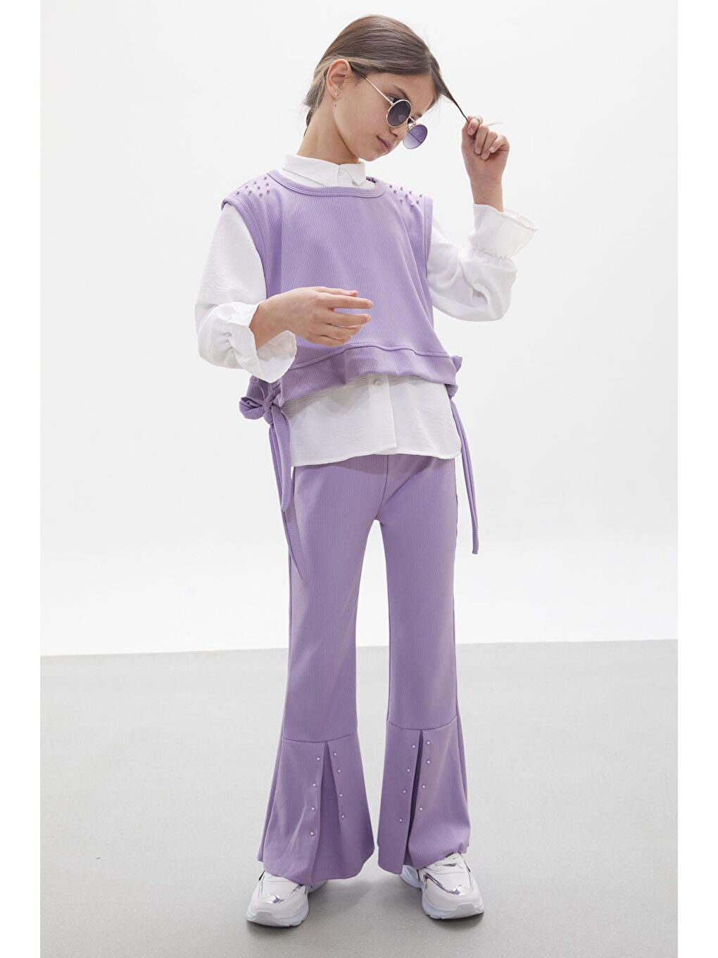 Lila Süveterli Gömlekli Boncuk Detaylı Yırtmaçlı Taytlı Kız Çocuk Takım 18089