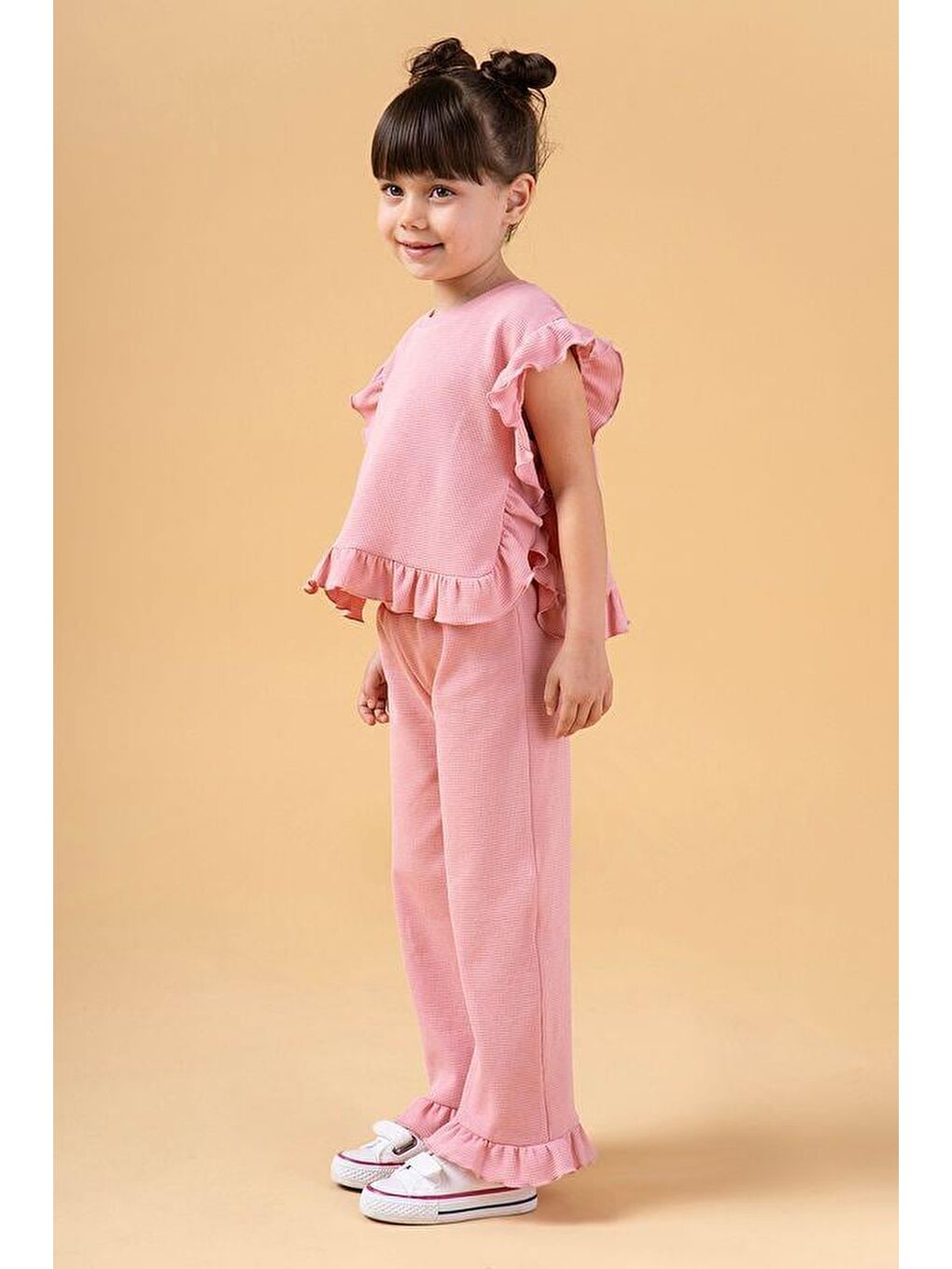 Kız Çocuk Pamuklu Pembe Fırfırlı Takım - Kısa Kollu Üst Ve Bol Paça Pantolon-1