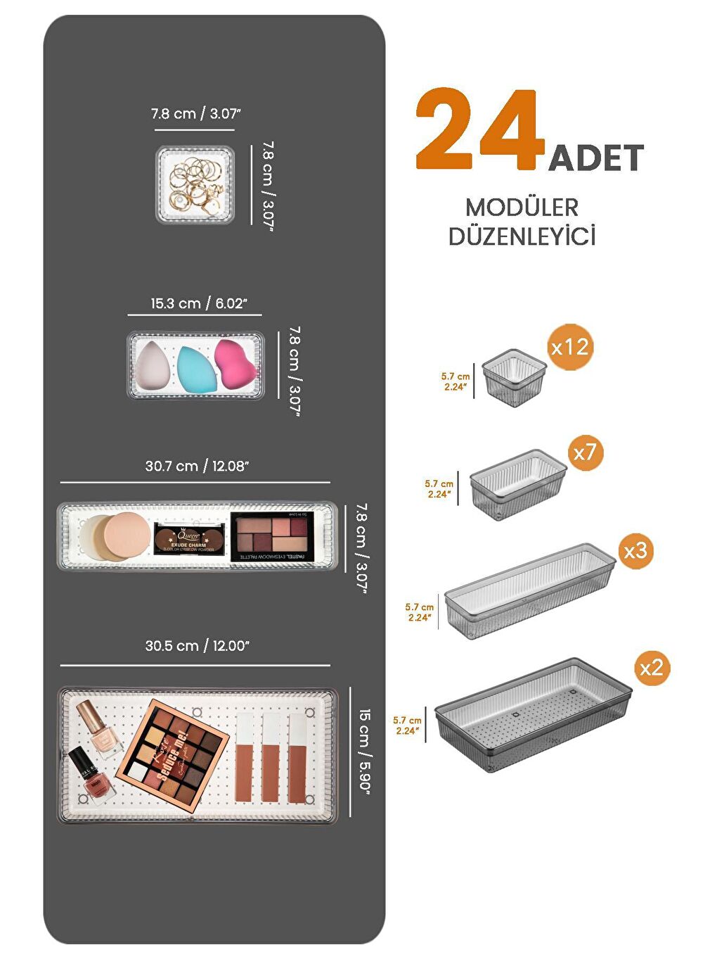 24'lü Multi Set - Çekmece İçi Düzenleyici - Banyo Makyaj ve Takı Organizer Siyah-1