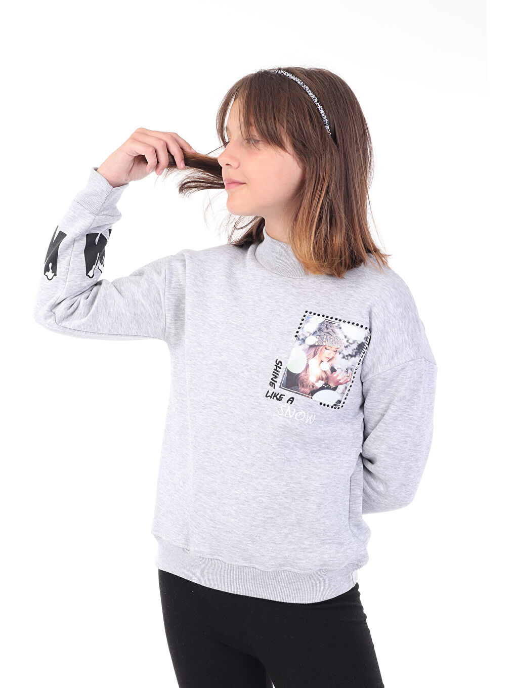 Toontoykids Gri Melanj Kız Çocuk Baskılı Nakışlı Sweatshirt