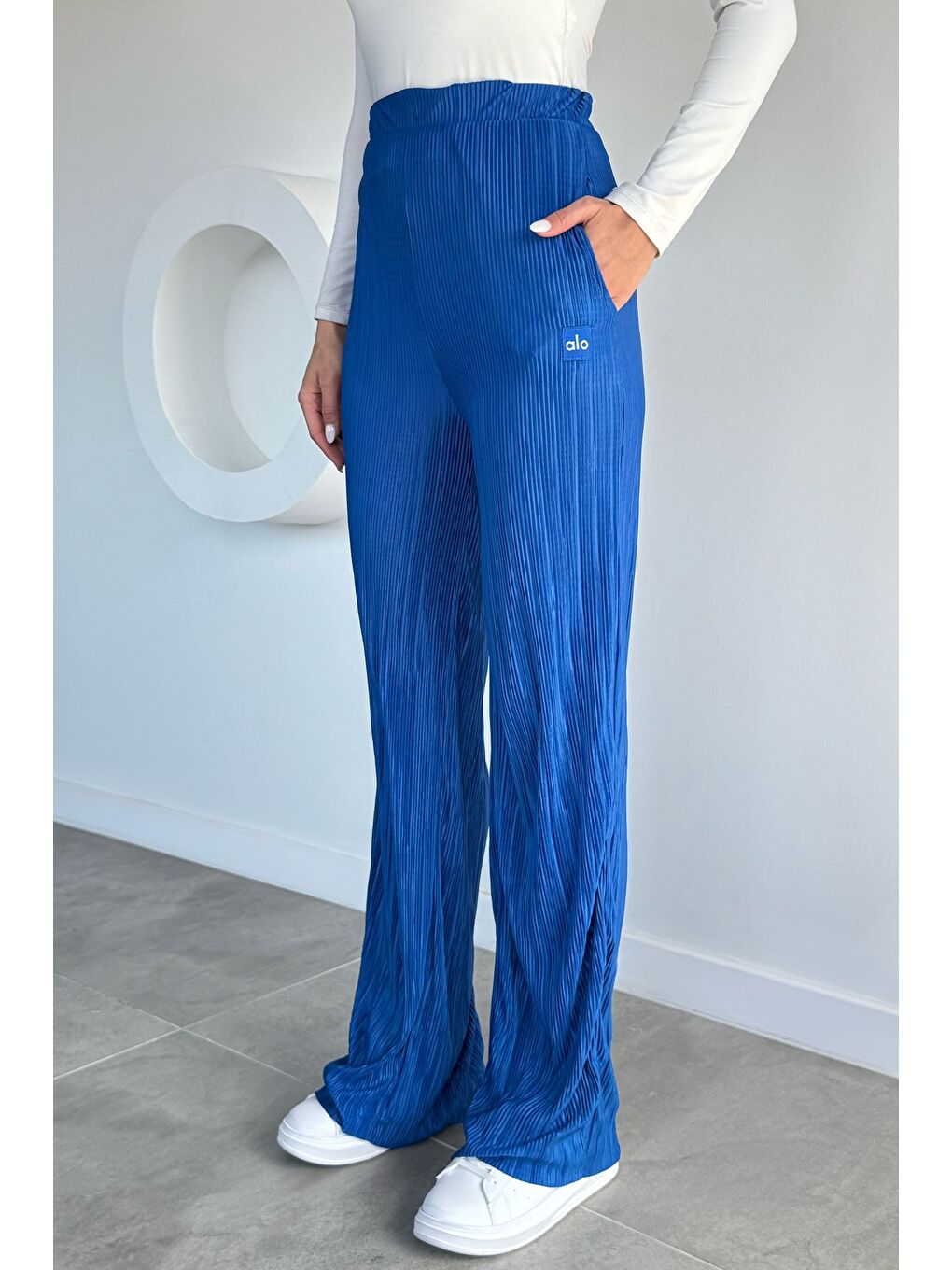 Mavi Kadın Bel Lastikli Pileli Pantolon-1