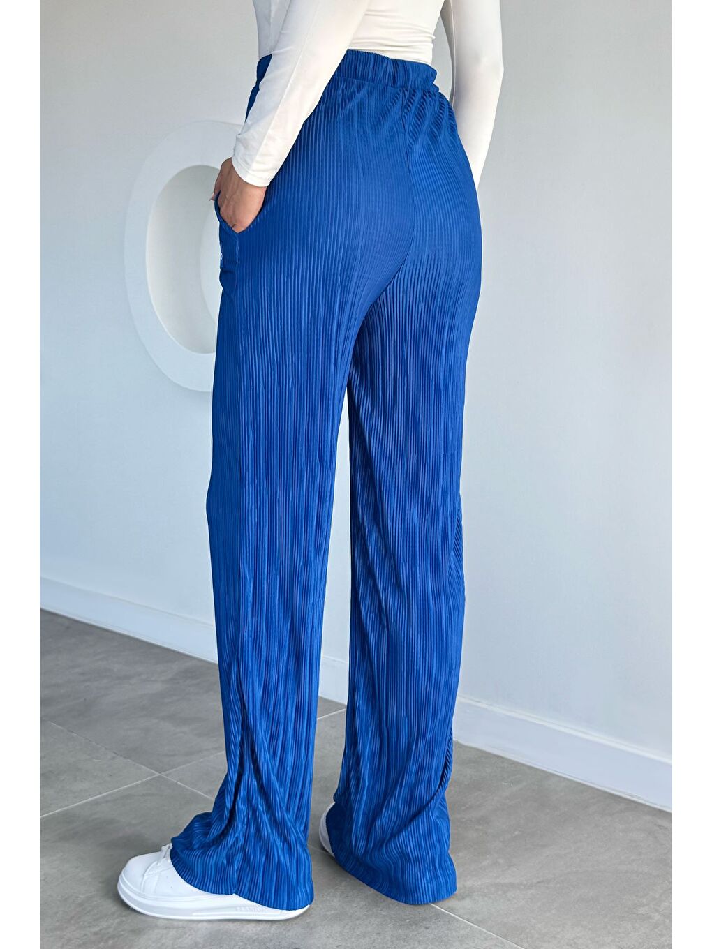 Mavi Kadın Bel Lastikli Pileli Pantolon-2