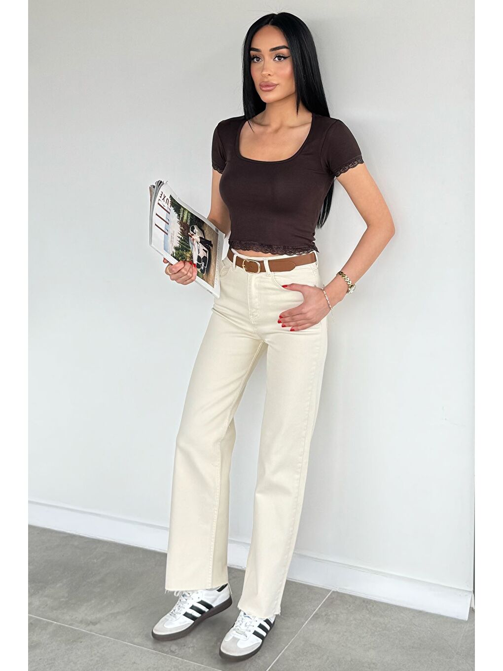 Bej Kadın Kemerli Jean Jean Pantolon-1